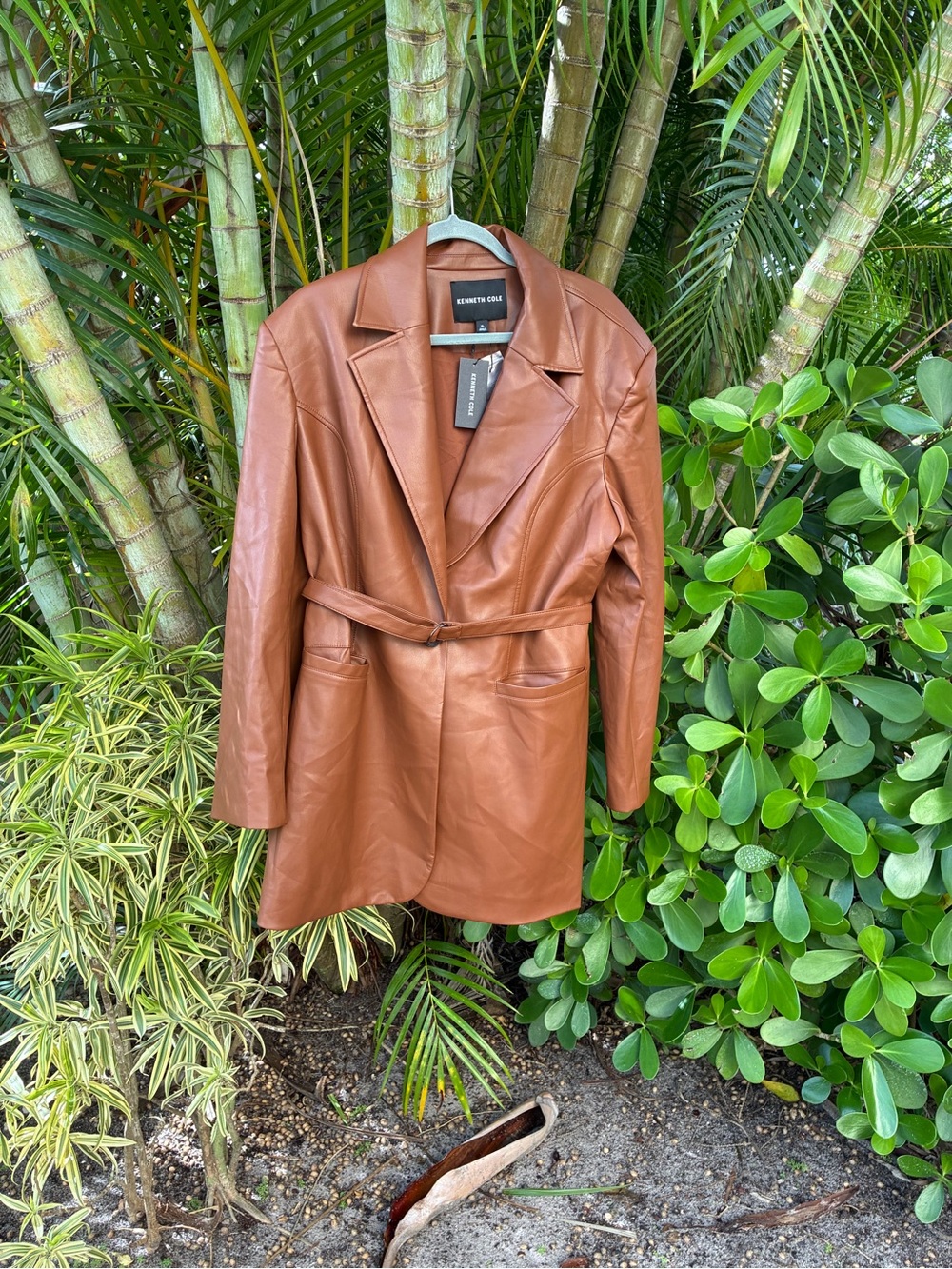 Kenneth Cole Women's Faux Leather Belted Blazer Jacket - Chestnut